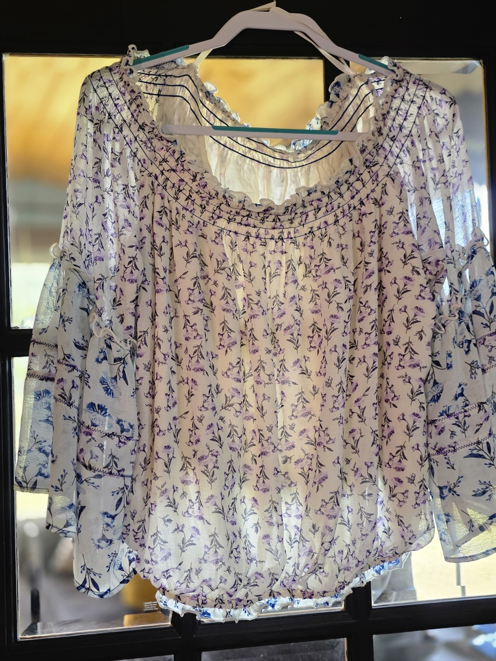 Free People Cream Blouse with Purple Floral Print and Blue Accents